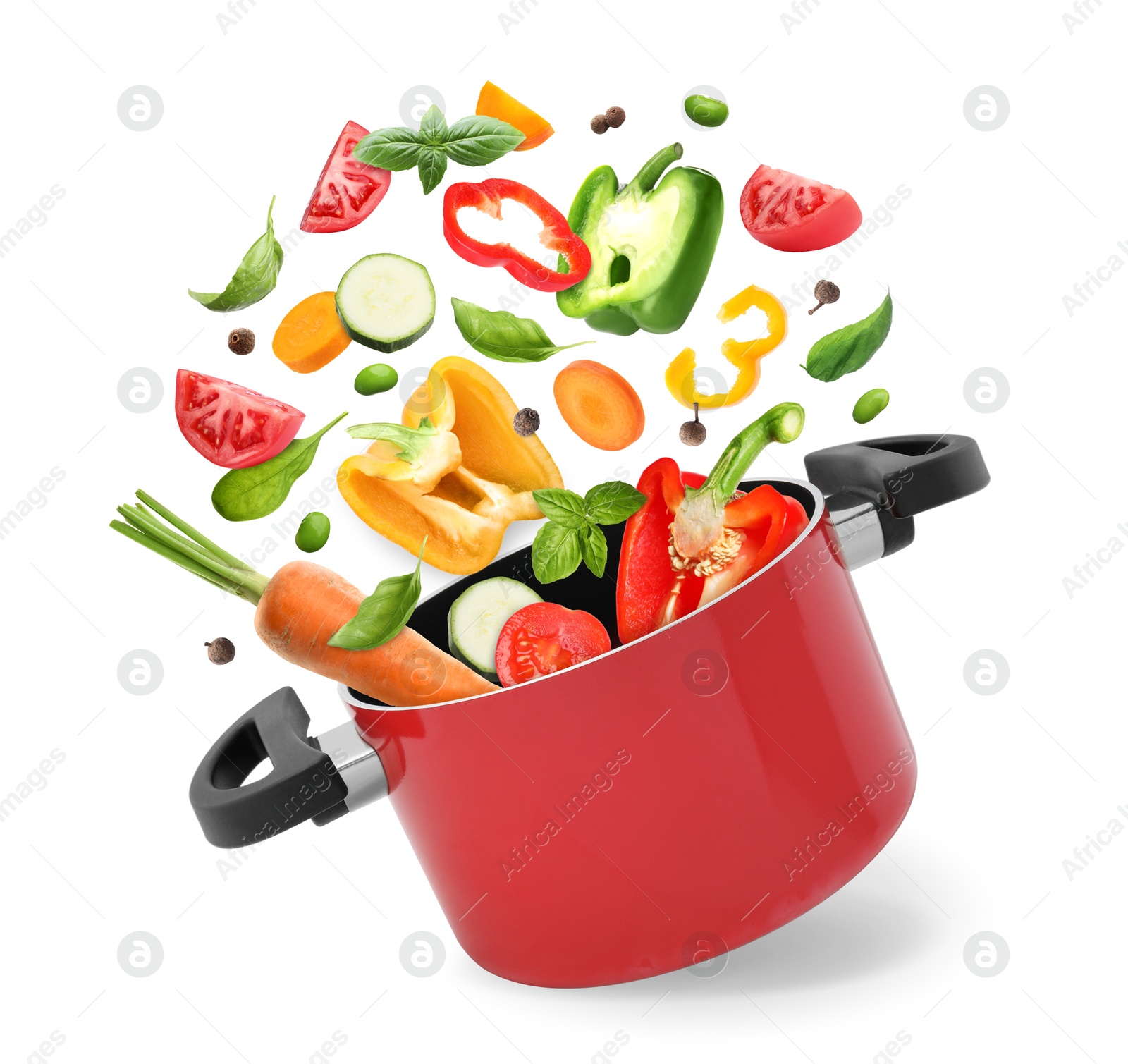 Image of Vegetables for soup and pot in air on white background