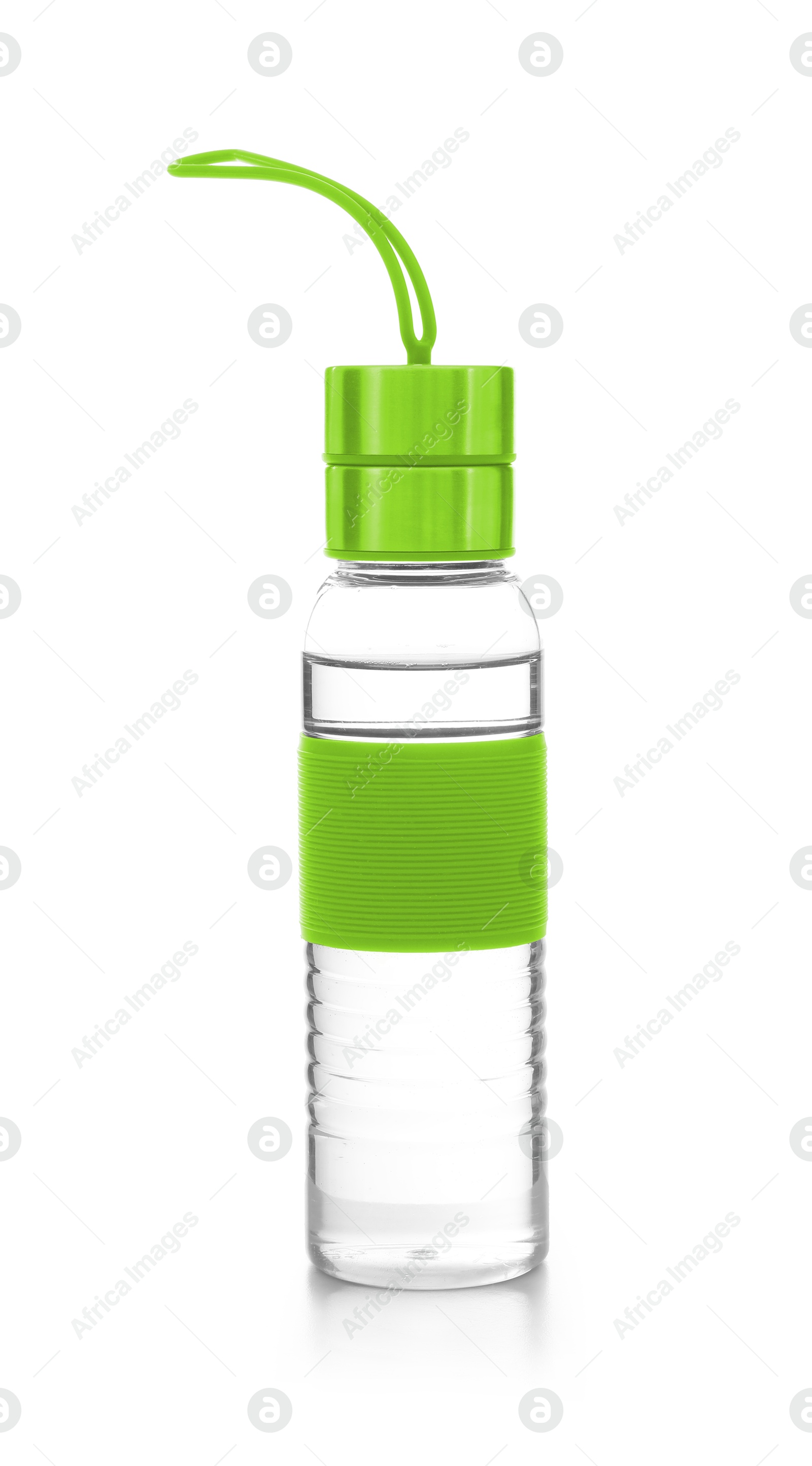 Image of Sport water bottle with strap on white background. Mockup for design