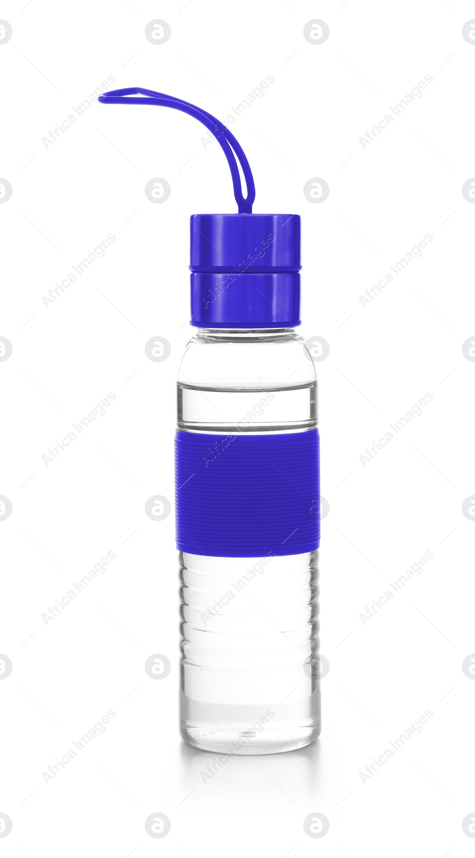 Image of Sport water bottle with strap on white background. Mockup for design