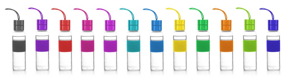 Image of Sport water bottles on white background. Mockup for design