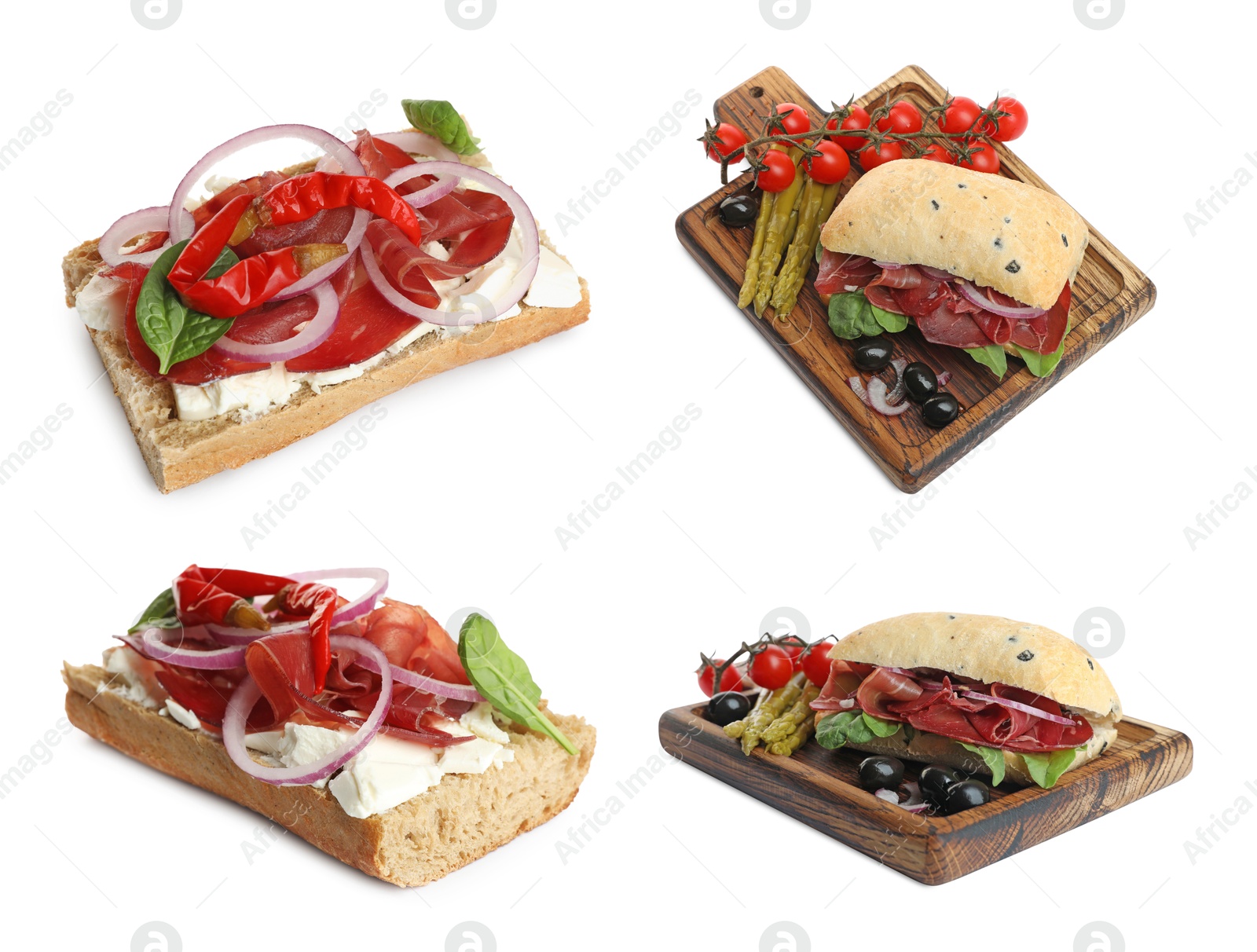 Sandwiches with bresaola isolated on white, collage Image of Sandwiches with bresaola isolated on white, collage