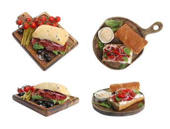 Image of Sandwiches with bresaola isolated on white, collage