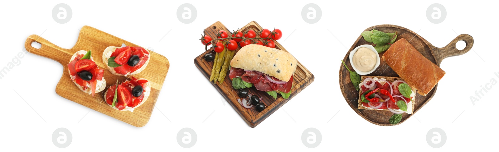 Image of Sandwiches with bresaola isolated on white, top view