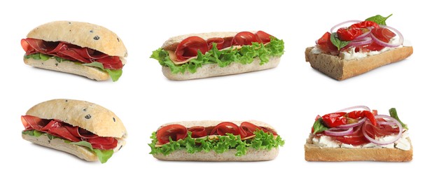 Image of Sandwiches with bresaola isolated on white, collage