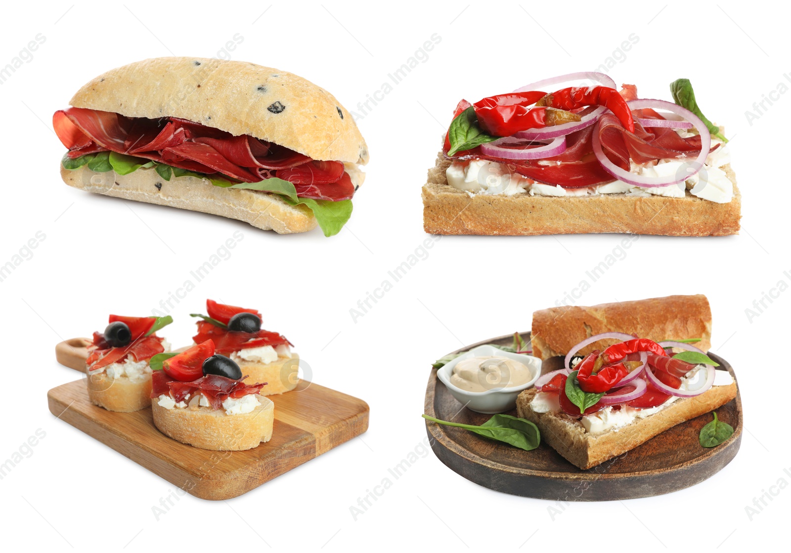 Image of Sandwiches with bresaola isolated on white, collage