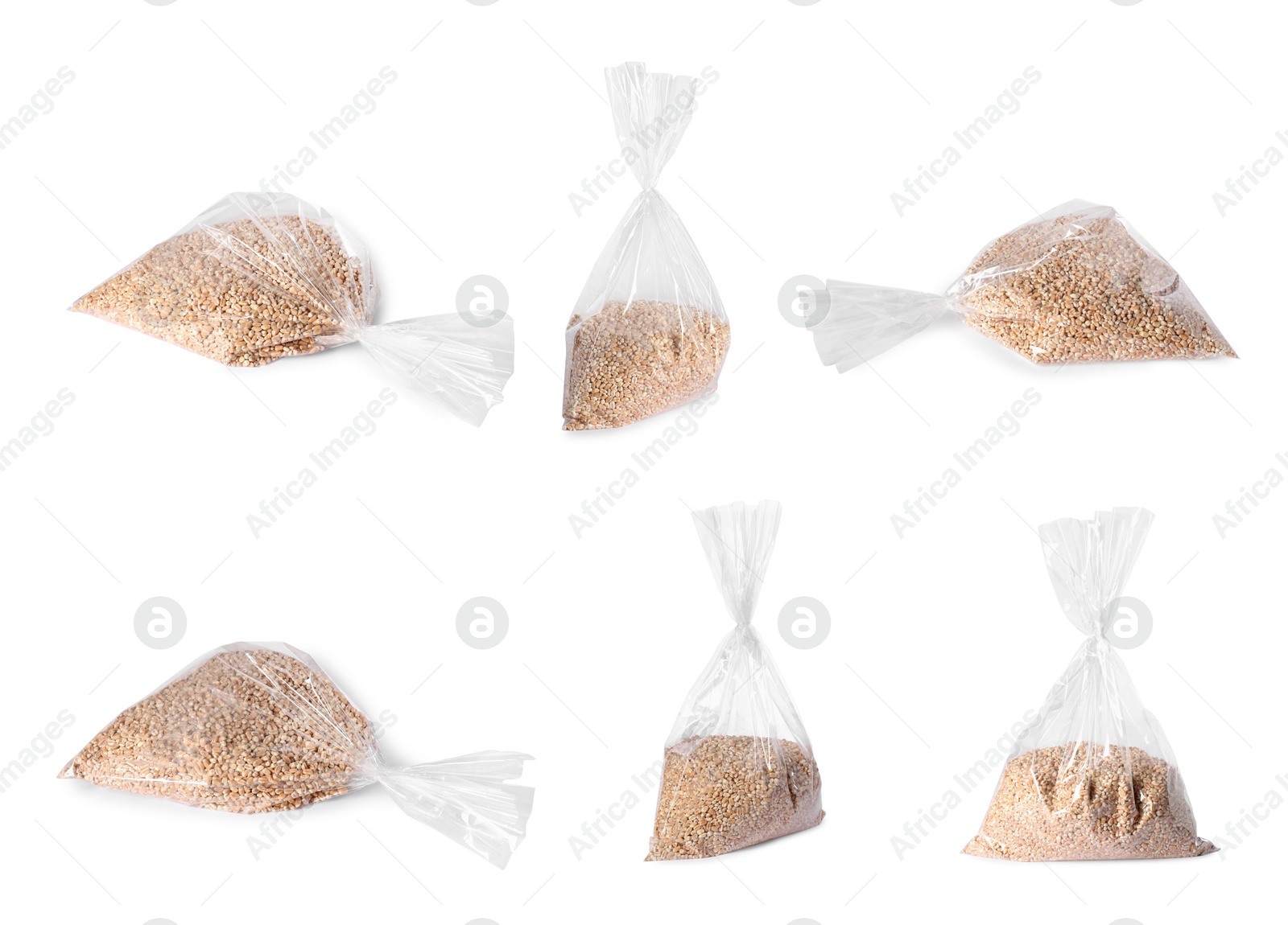 Image of Plastic bag with wheat grains isolated on white, collage