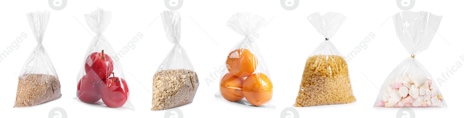 Image of Plastic bags with different products isolated on white, set