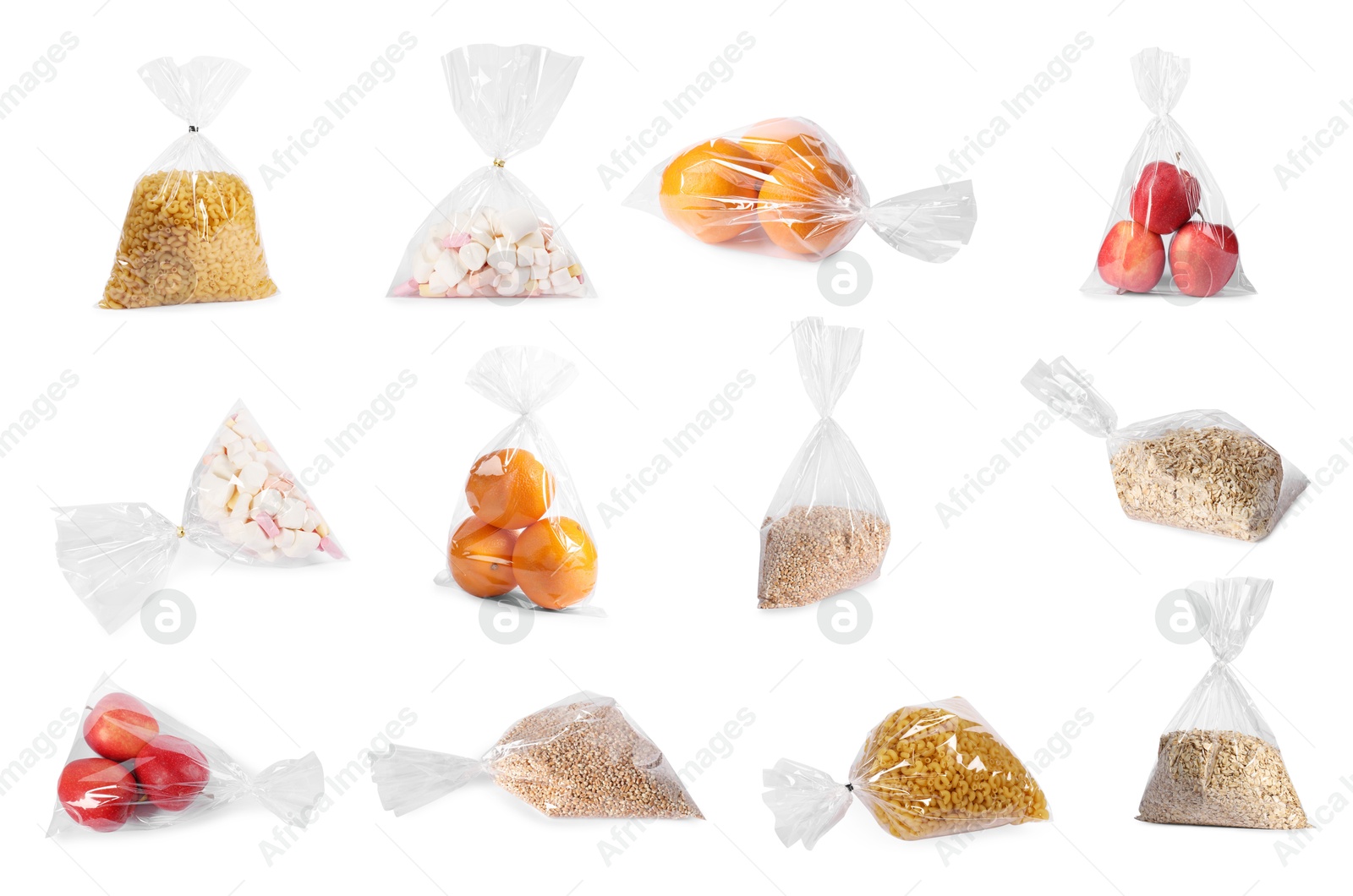 Image of Plastic bags with different products isolated on white, set