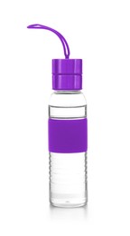 Image of Sport water bottle with strap on white background. Mockup for design