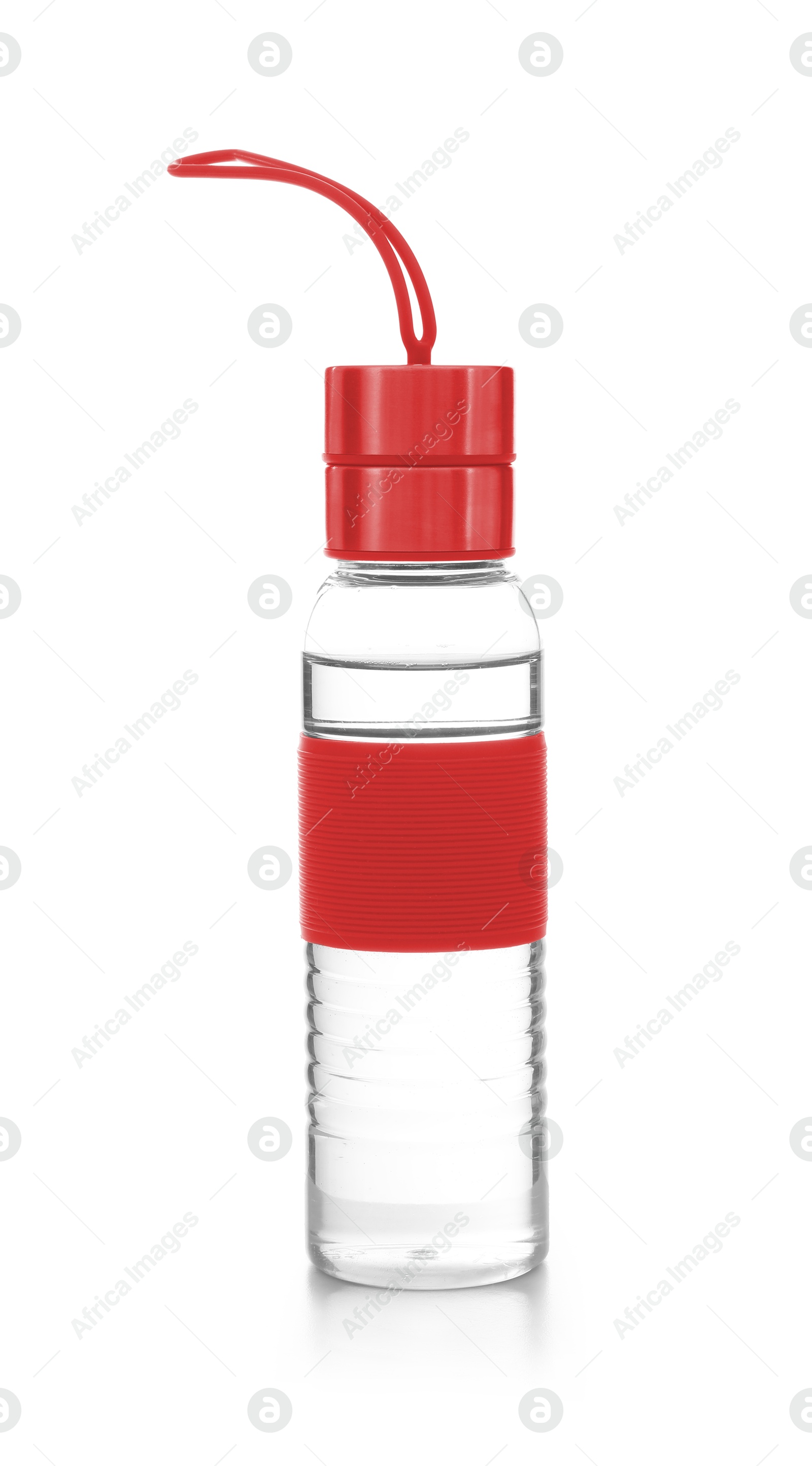 Image of Sport water bottle with strap on white background. Mockup for design