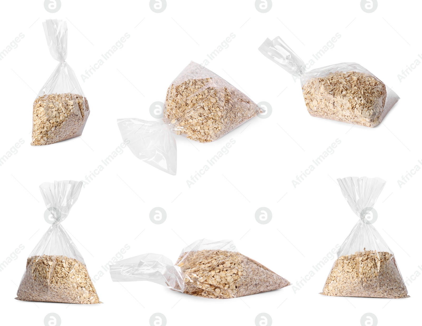 Image of Plastic bag with oat flakes isolated on white, collage