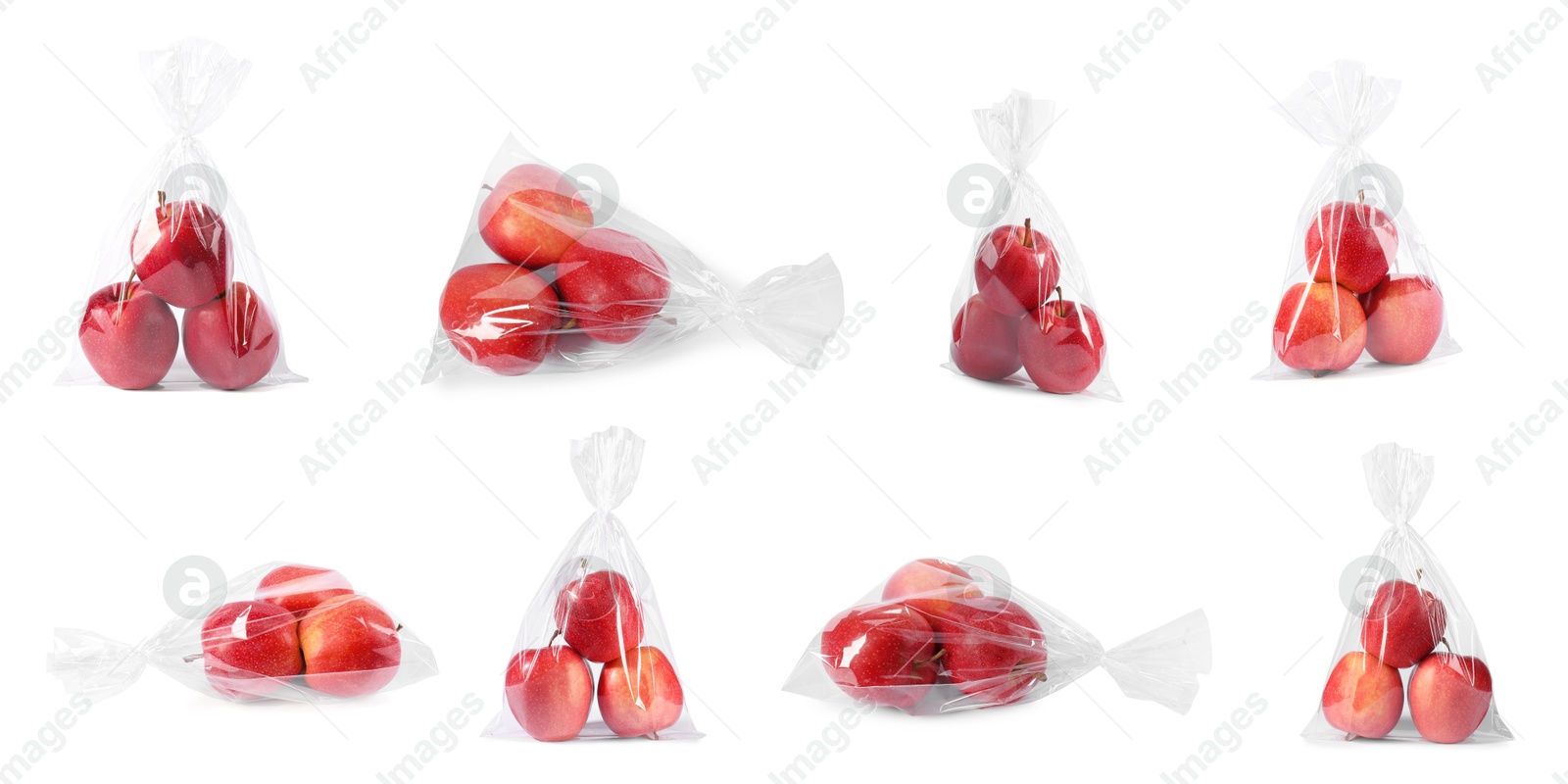 Image of Plastic bag with red apples isolated on white, collage