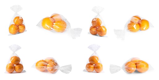 Image of Plastic bag with fresh oranges isolated on white, collage