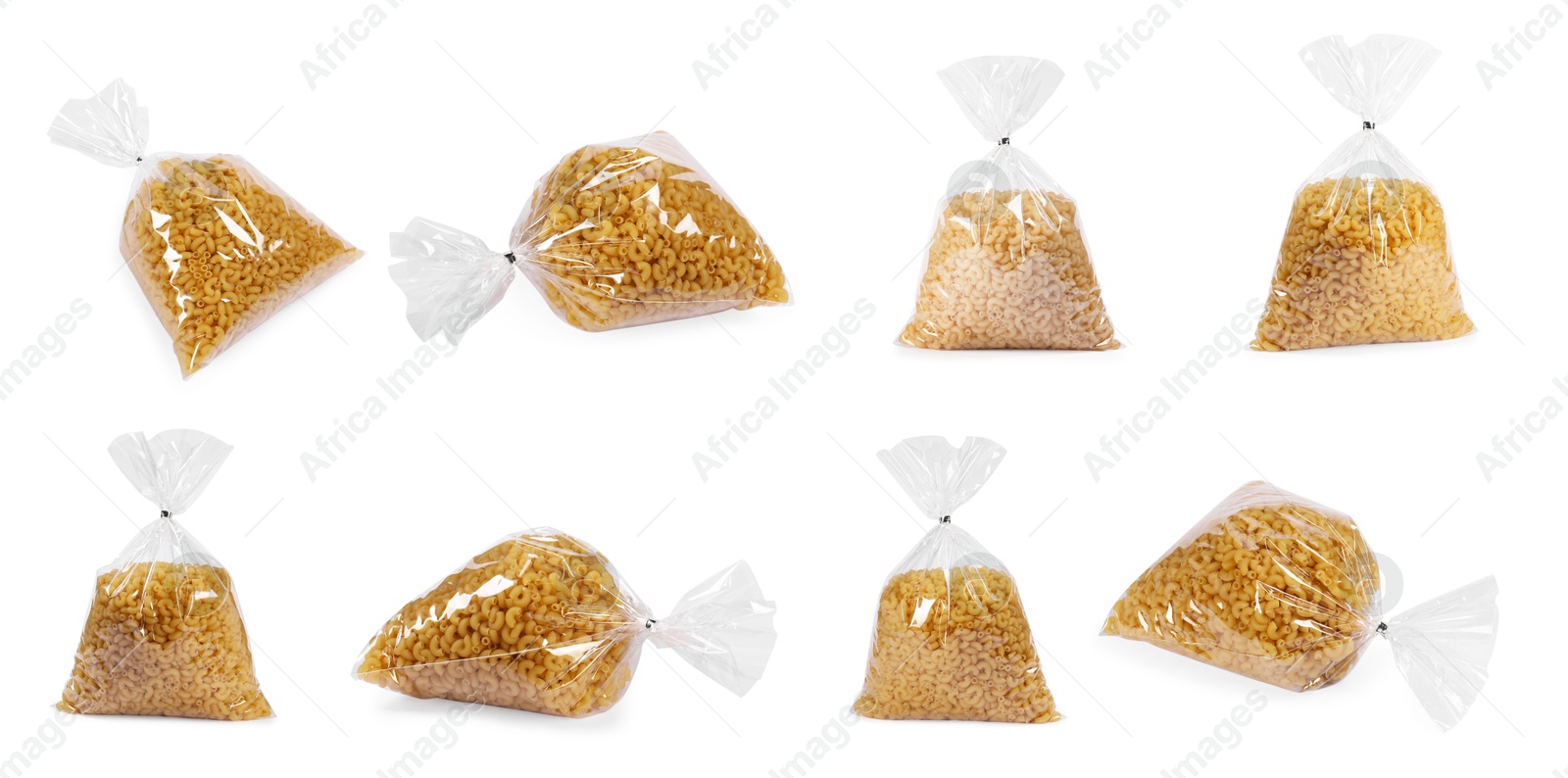 Image of Plastic bag with pasta isolated on white, collage