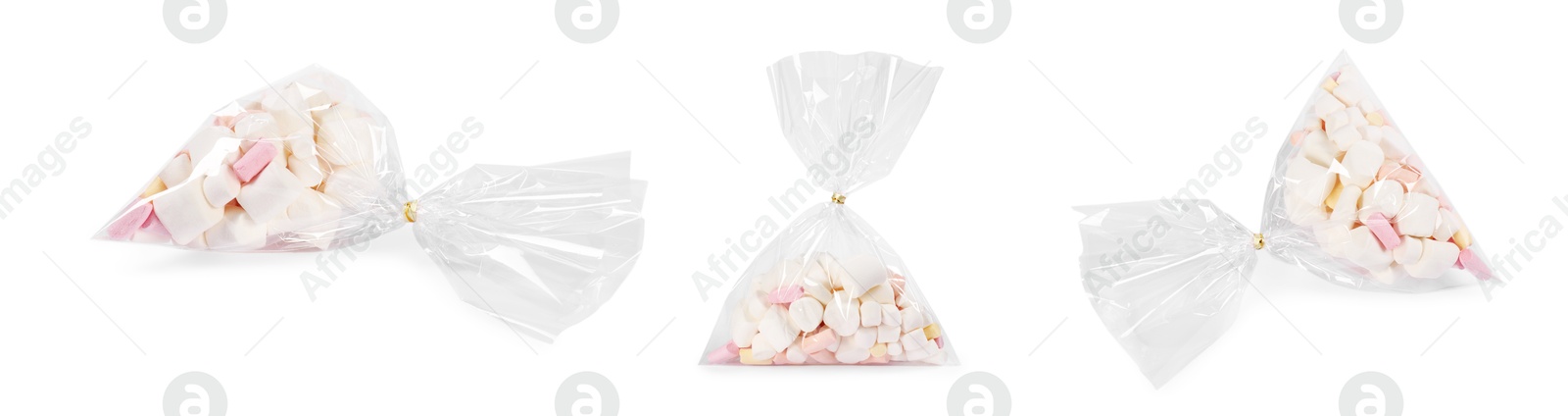 Image of Plastic bag with marshmallows isolated on white, collage