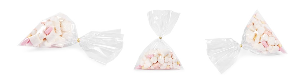 Image of Plastic bag with marshmallows isolated on white, collage