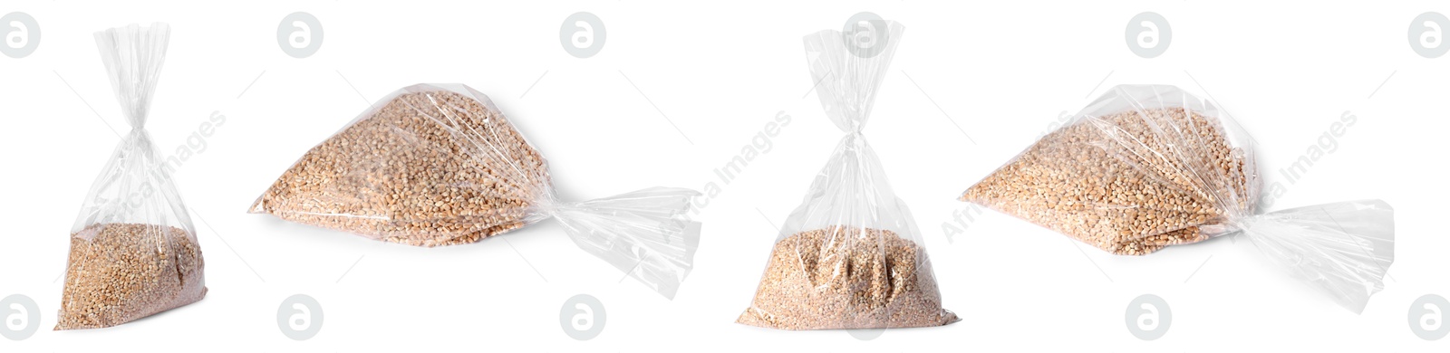 Image of Plastic bag with wheat grains isolated on white, collage