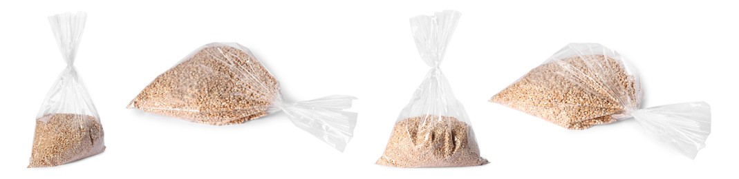 Image of Plastic bag with wheat grains isolated on white, collage