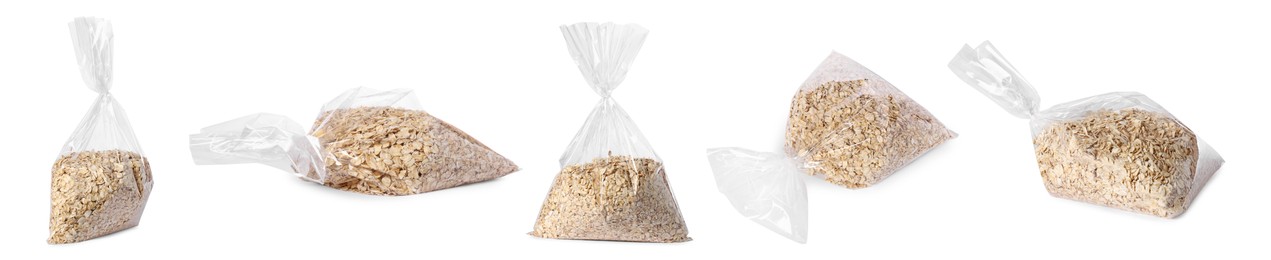 Image of Plastic bag with oat flakes isolated on white, collage