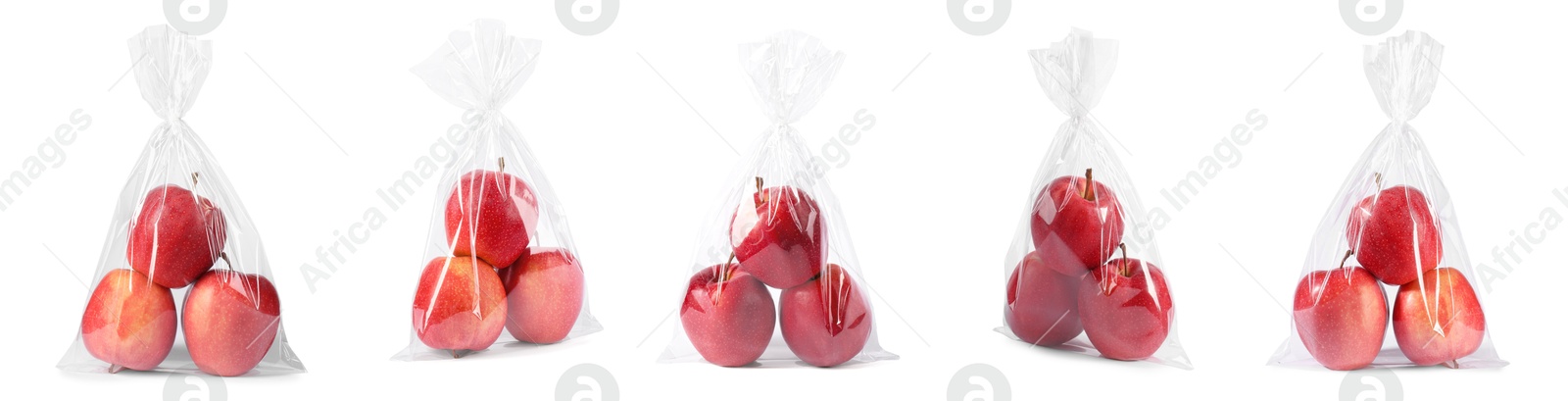 Image of Plastic bag with red apples isolated on white, collage