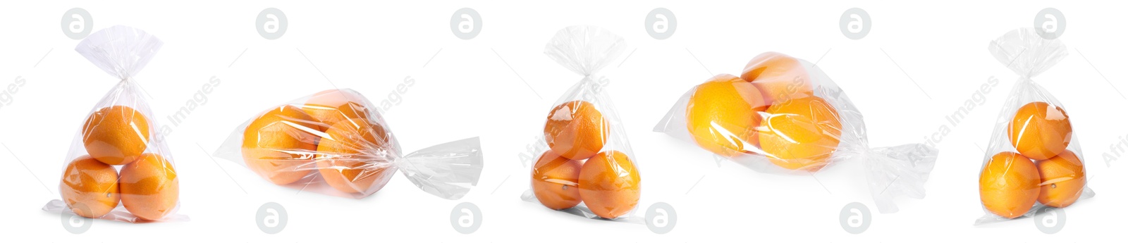 Image of Plastic bag with fresh oranges isolated on white, collage