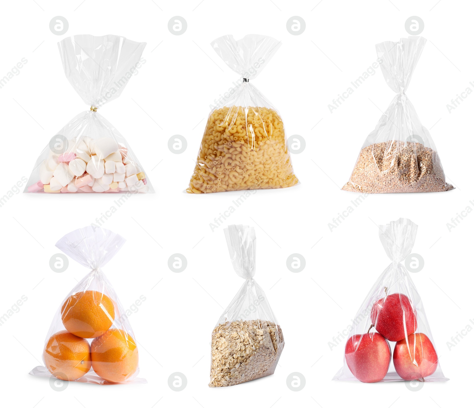 Image of Plastic bags with different products isolated on white, set