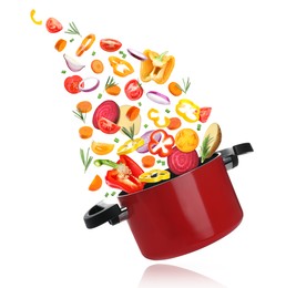 Image of Vegetables for soup and pot in air on white background