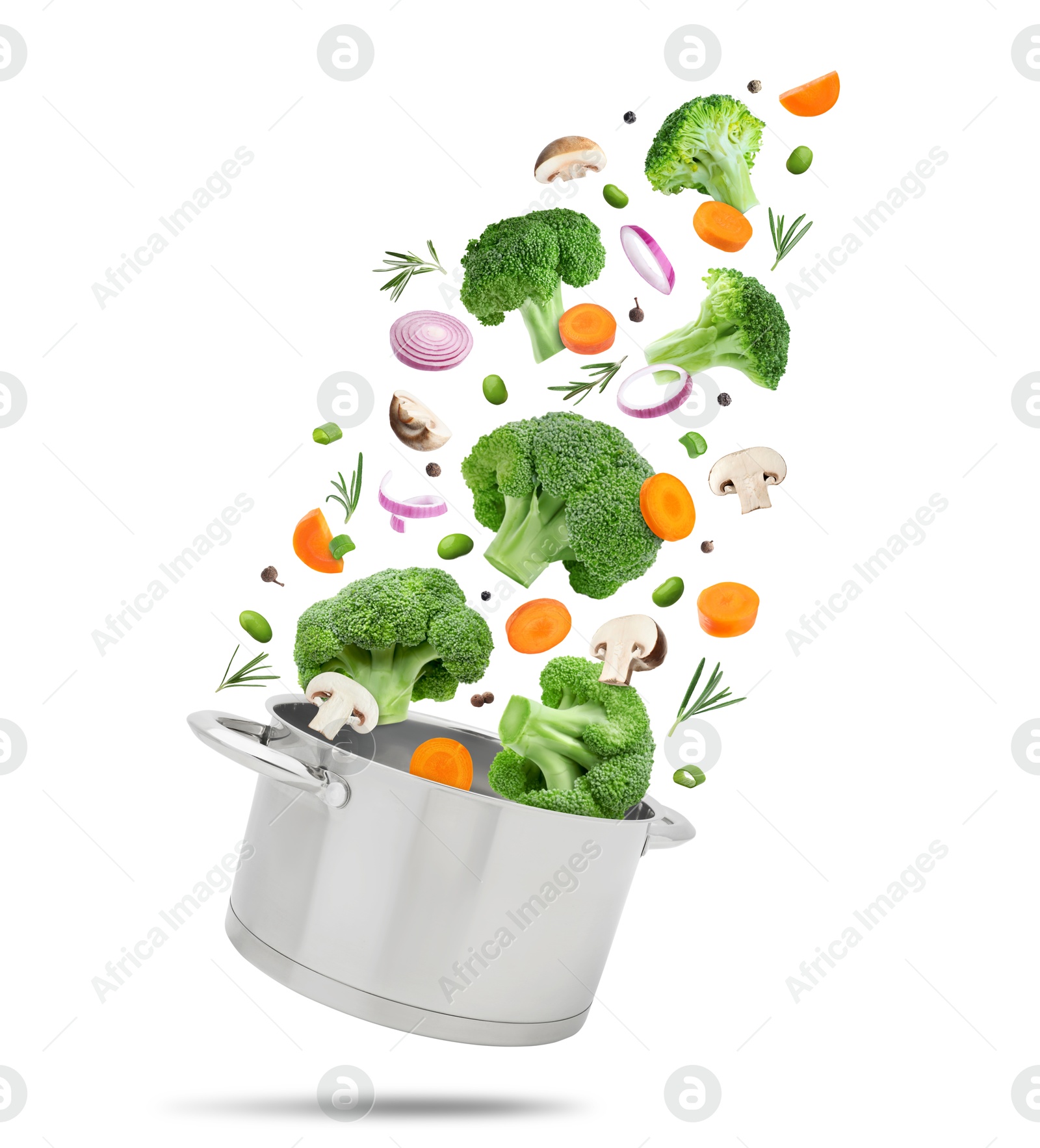 Image of Vegetables for soup and pot in air on white background