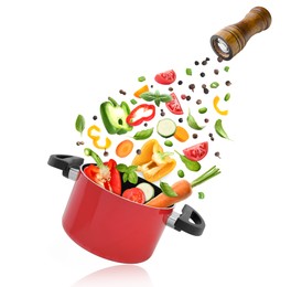 Image of Vegetables for soup and pot in air on white background