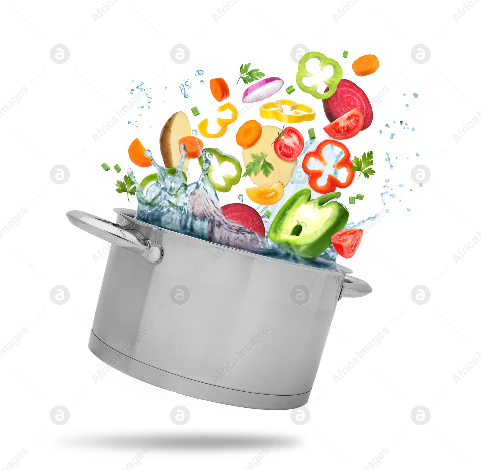 Image of Vegetables for soup and pot with water in air on white background