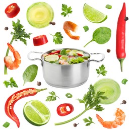 Image of Vegetables and shrimps around pot with soup on white background