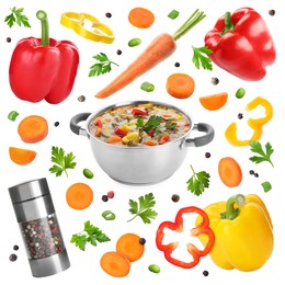 Image of Vegetables around pot with soup on white background