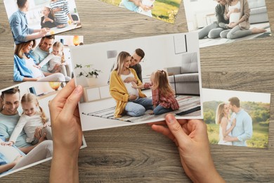 Photo of Woman with different photos at wooden table, top view