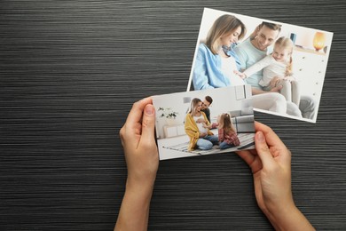 Photo of Woman with different photos at black wooden table, top view