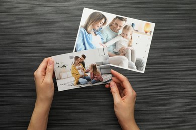 Photo of Woman with different photos at black wooden table, top view