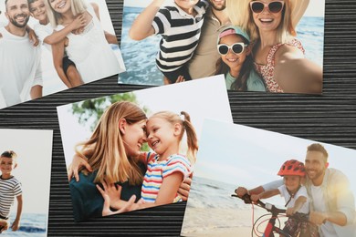 Photo of Different family photos on black wooden table, flat lay