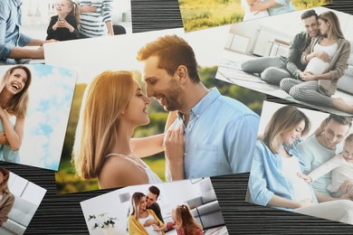 Photo of Different family photos on black wooden table, flat lay