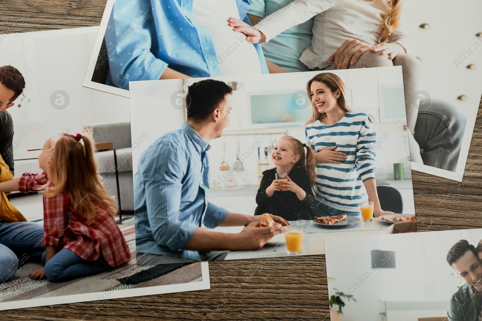 Photo of Different family photos on wooden table, flat lay