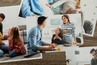 Photo of Different family photos on wooden table, flat lay