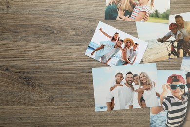 Photo of Different family photos on wooden table, flat lay. Space for text