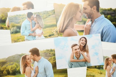 Photo of Different family photos on white wooden table, flat lay