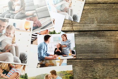 Photo of Different family photos on wooden table, flat lay. Space for text