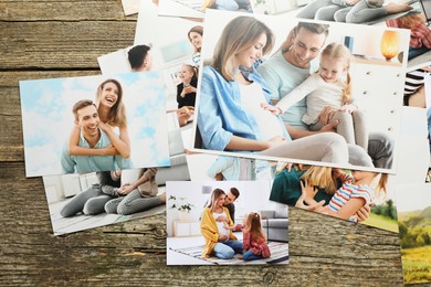 Photo of Different family photos on wooden table, flat lay