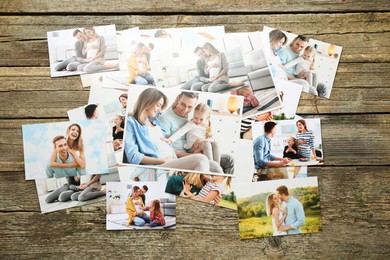 Photo of Different family photos on wooden table, flat lay