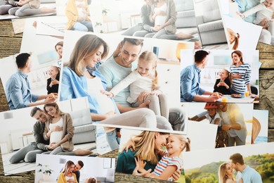 Photo of Different family photos on wooden table, flat lay