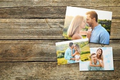 Photo of Different family photos on wooden table, flat lay. Space for text