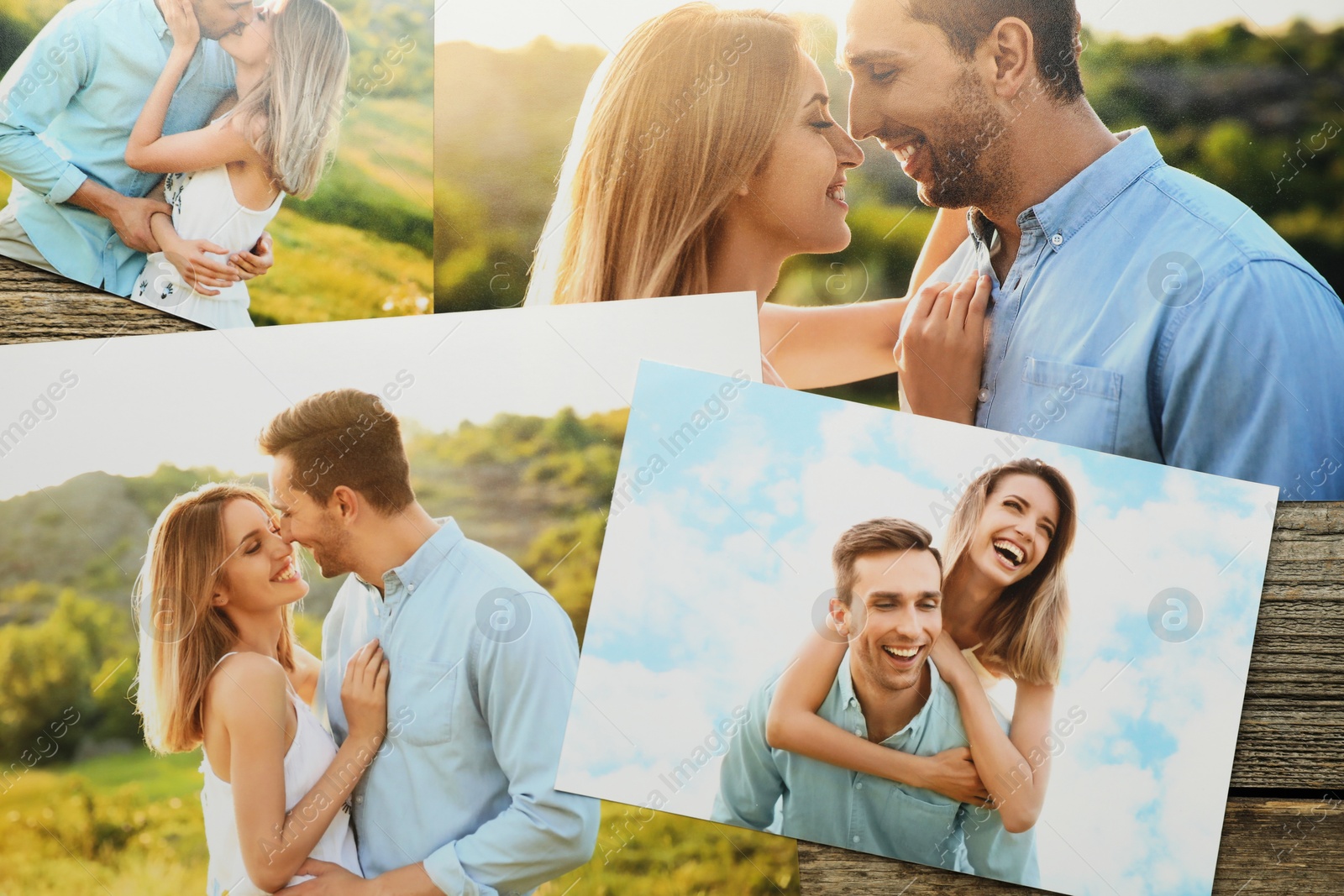 Photo of Different family photos on wooden table, flat lay