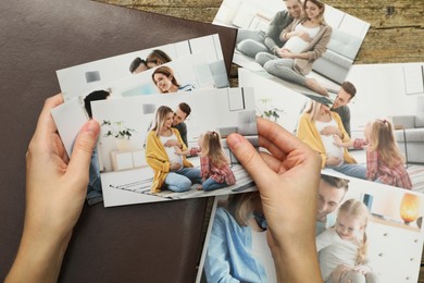 Photo of Woman with different photos and photo album at wooden table, top view