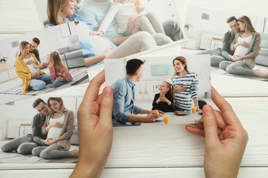 Photo of Woman with different photos at white wooden table, top view