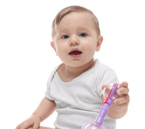 Photo of Cute little baby with toy on white background